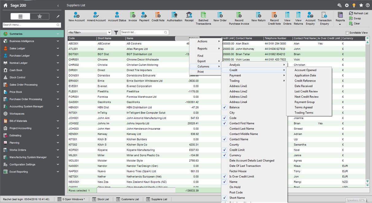 Sage 200 List Views Columns