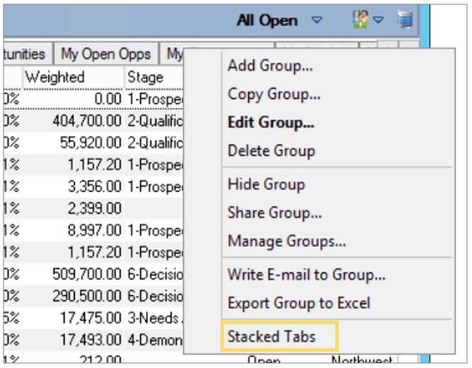 Infor CRM Groups Stocked Tabs