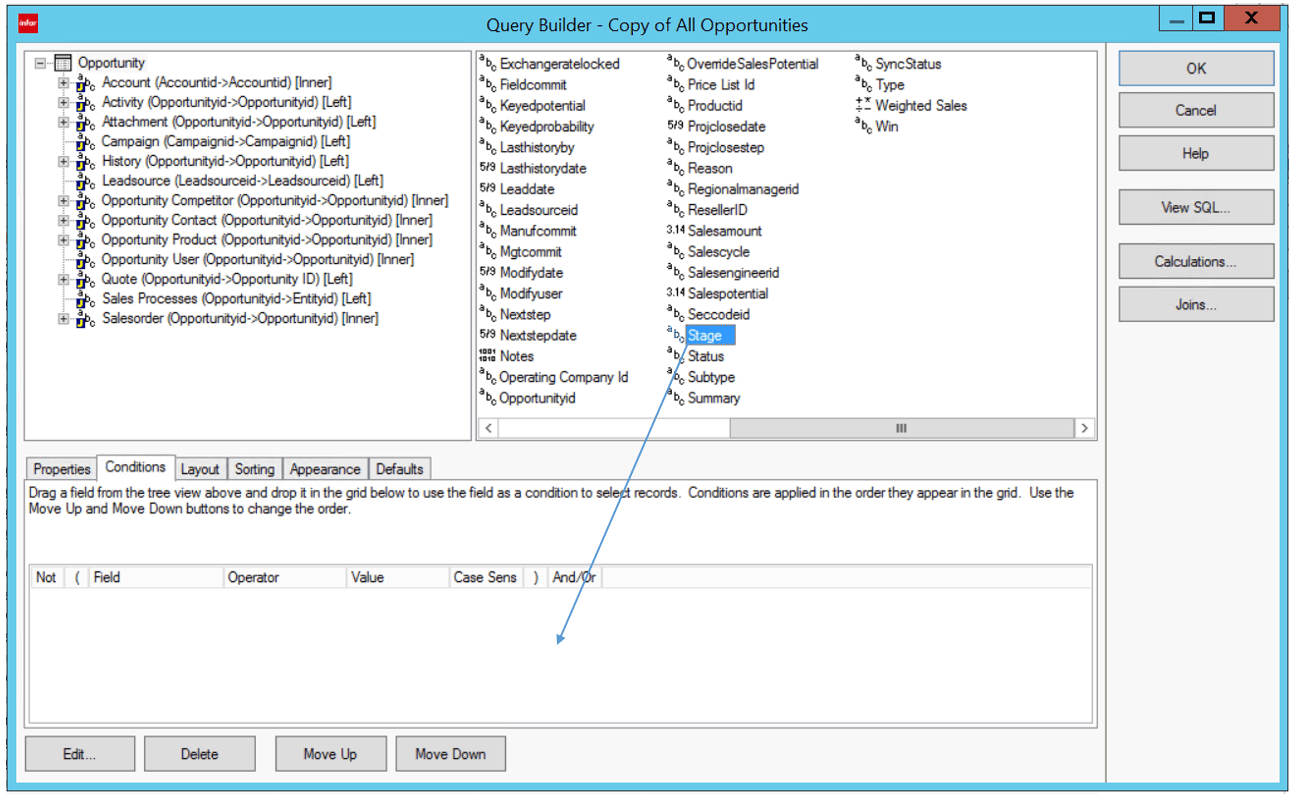 Infor CRM Query Builder Conditions