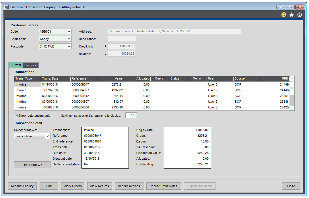 Sage 200 Transaction Enquiry